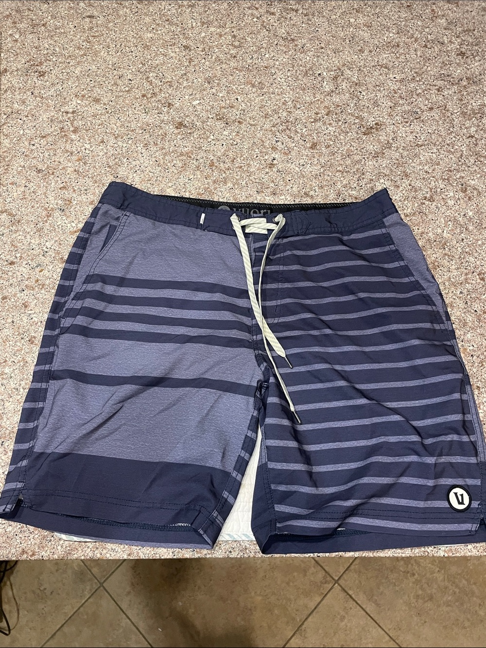 Vuori Navy and Light Navy Striped Athletic Shorts